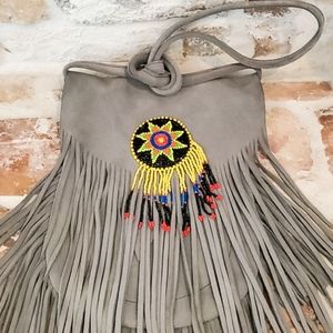 Suede Leather Gray Handmade Beaded Fringe Bag